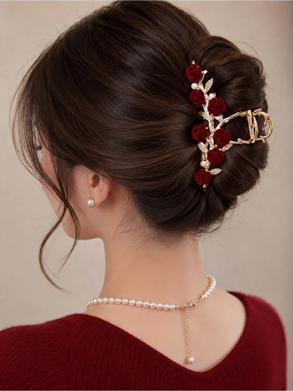 Romantic Red Rose Hair Claw Clip Gold Floral Rhinestone Updo Accessory